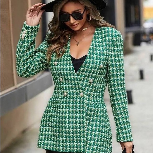 ZARA TEXTURED DOUBLE BREASTED BLAZER GREEN / WHITE SIZE MEDIUM - Picture 2 of 4